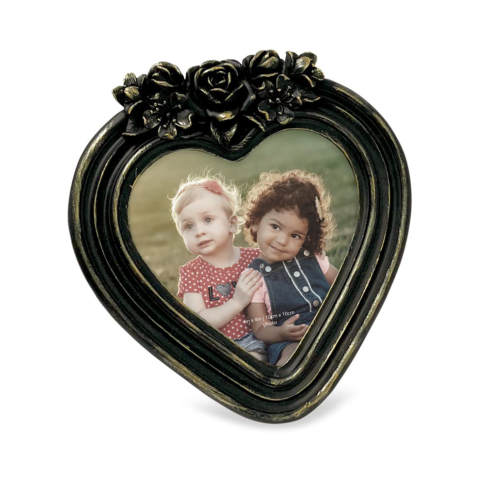 Isaac Jacobs 4x4 Heart-Shaped Resin Picture Frame with Rose Design, Decorative Photo Frame, Tabletop & Wall Display, Hanging Dis