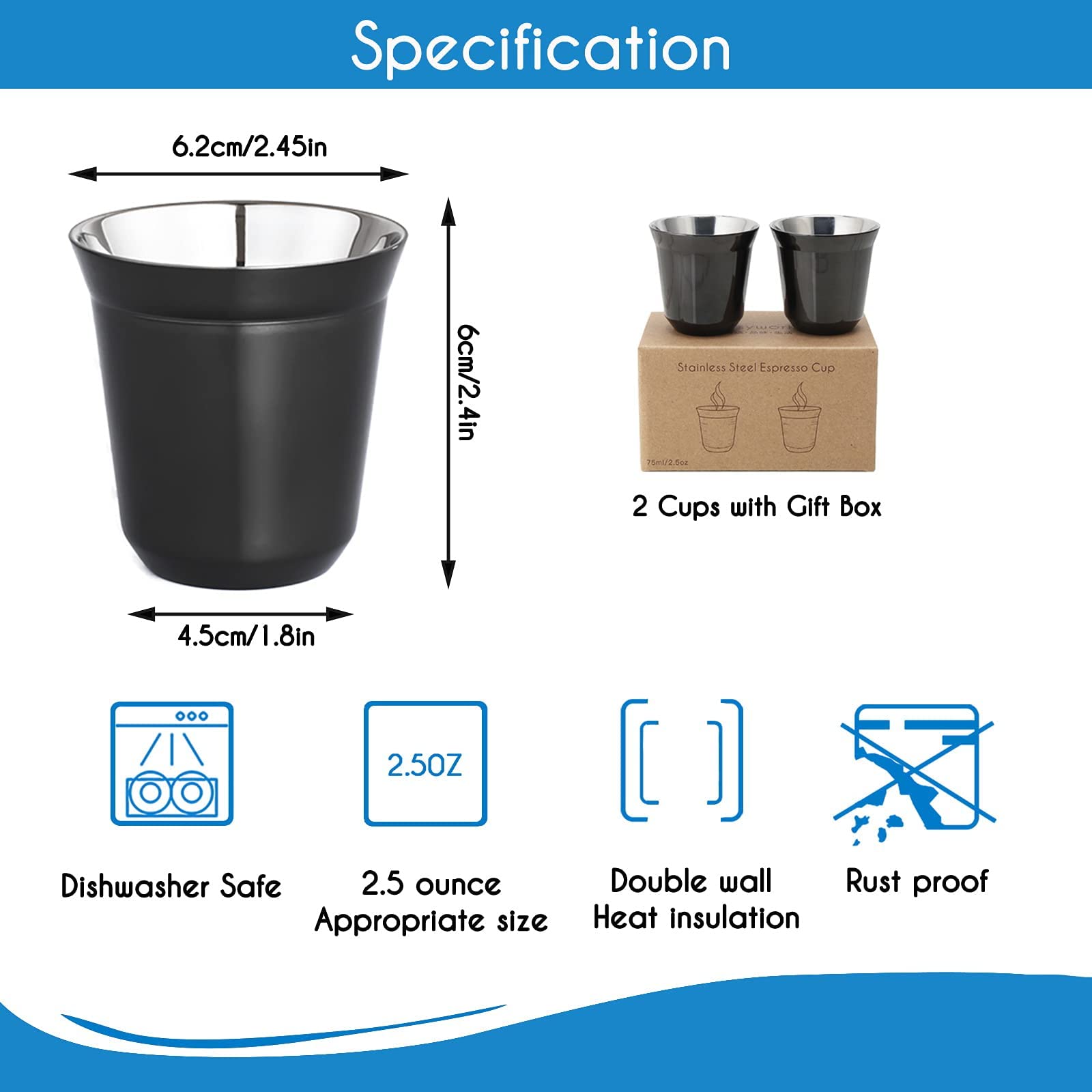 Easyworkz Stainless Steel Espresso Cup 2Pcs Set Double Wall Insulated Metal Demitasse Cups 2.5 Oz