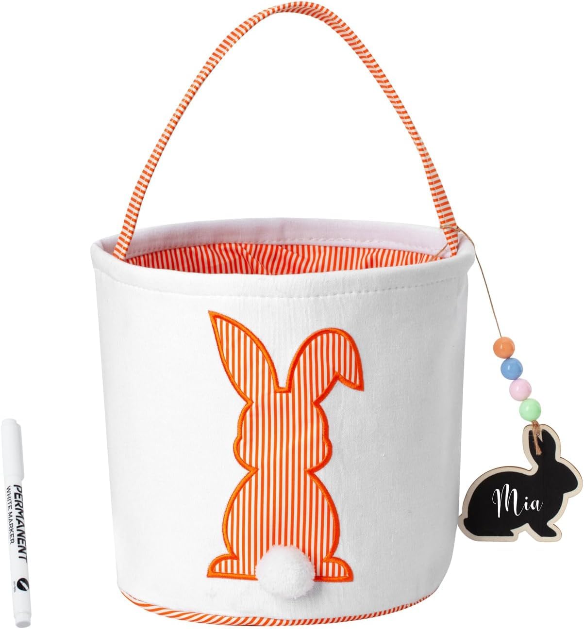 CHOIEO Easter Basket, Bunny Baskets with Pom-Pom Tail, Stripe Pattern, Bucket for Egg Hunts, Easter Gifts (Orange)