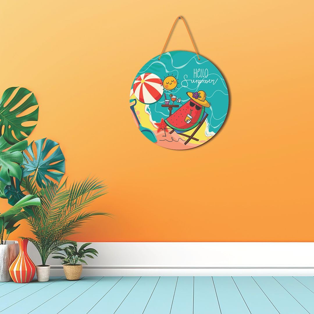 CVANU Hello Summer & Beach Side Round Shaped Wooden Wall Hanging for Wall Decoration (12inchX12inch)_W280