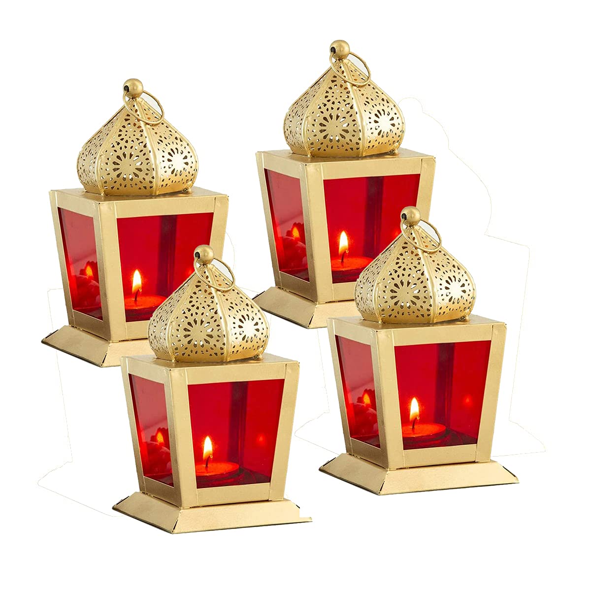 Imrab Creations Antique Decorative Sweetheart Square Hanging Lantern Lamp with Tealight Candle Holder (Red, Set of 4, Combo)