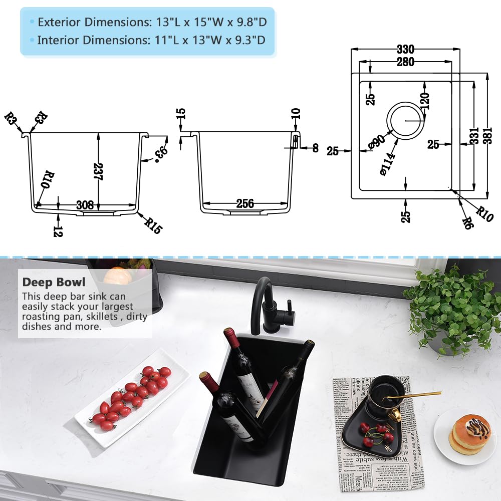 13 Inch Black Undermount Bar Sink-Vasoyo 13X15 Bar Sink Black Kitchen Sink Undermount Wet Bar Sink Single Bowl Quartz Sink Small