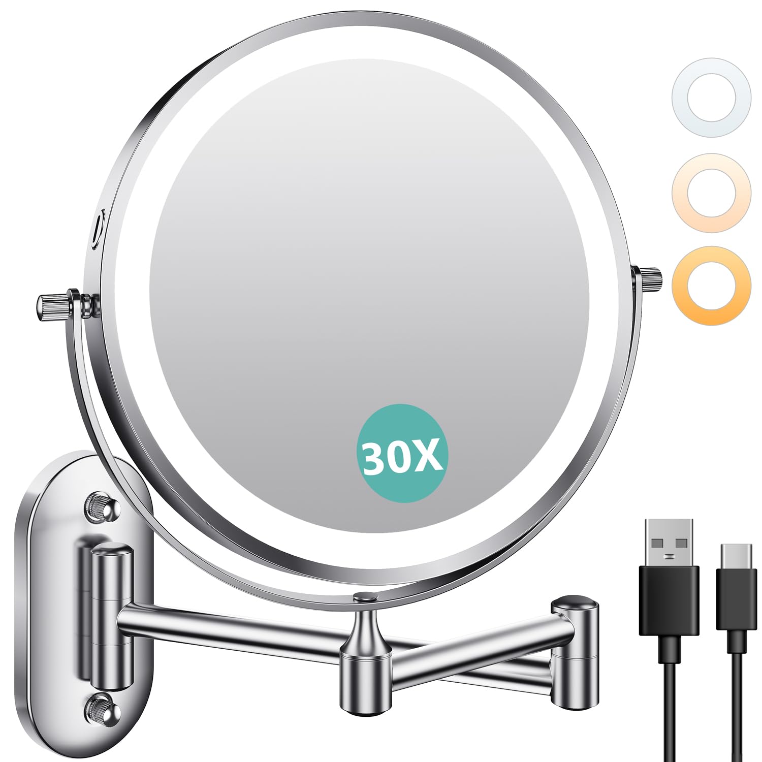 Auxmir 1X/30X Wall Mounted Makeup Mirror With Light, 8 Rechargeable Double-Sided Magnifying Mirror, Vanity Mirror Dimmable 3 Col