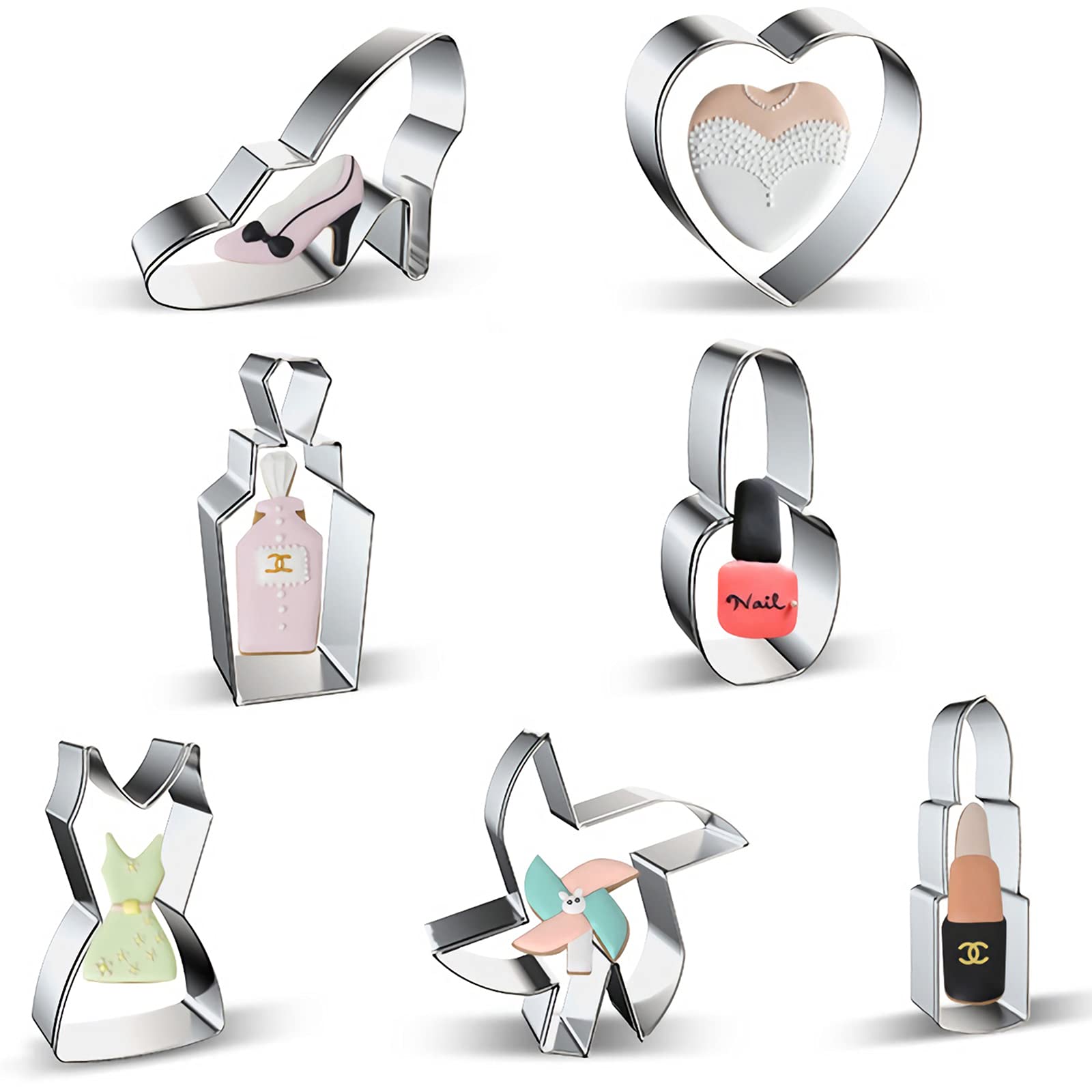 Makeup Dress Up Cookie Cutters Shapes Set Of 7 - High Heel, Heart, Perfume, Nail Polish, Dresses, Windmill, Lipstick Shaped Wome