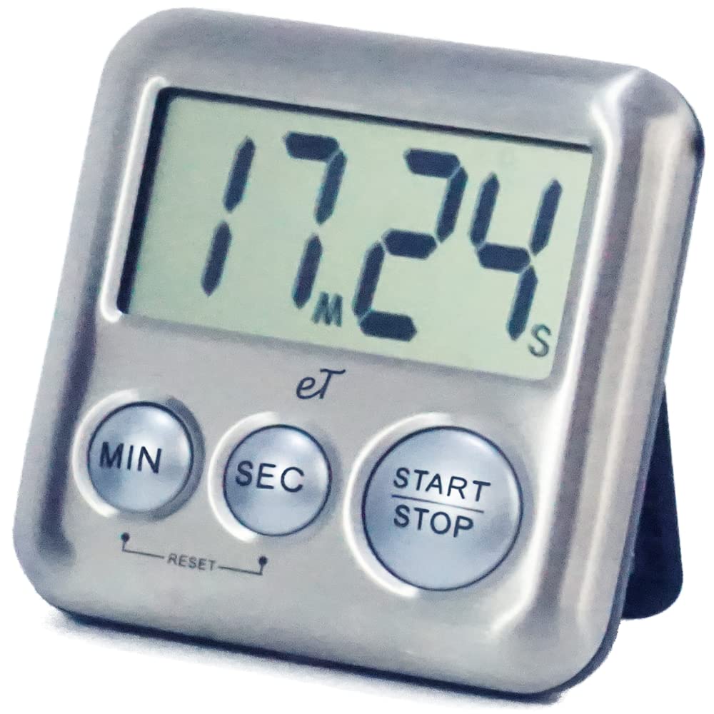 Elegant Digital Kitchen Timer Stainless Steel - Silver - Strong Magnetic Back - Kickstand - Loud Alarm - Large Display - Auto Me
