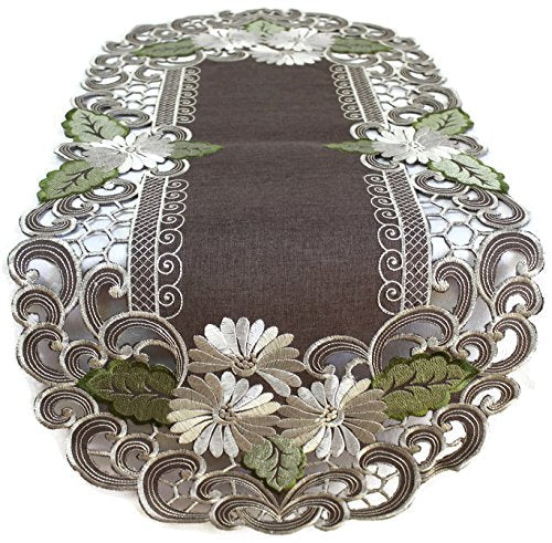 Doily Boutique Table Runner Embroidered with a White Daisy on Brown Burlap Linen Material, Size 44 x 15 inches