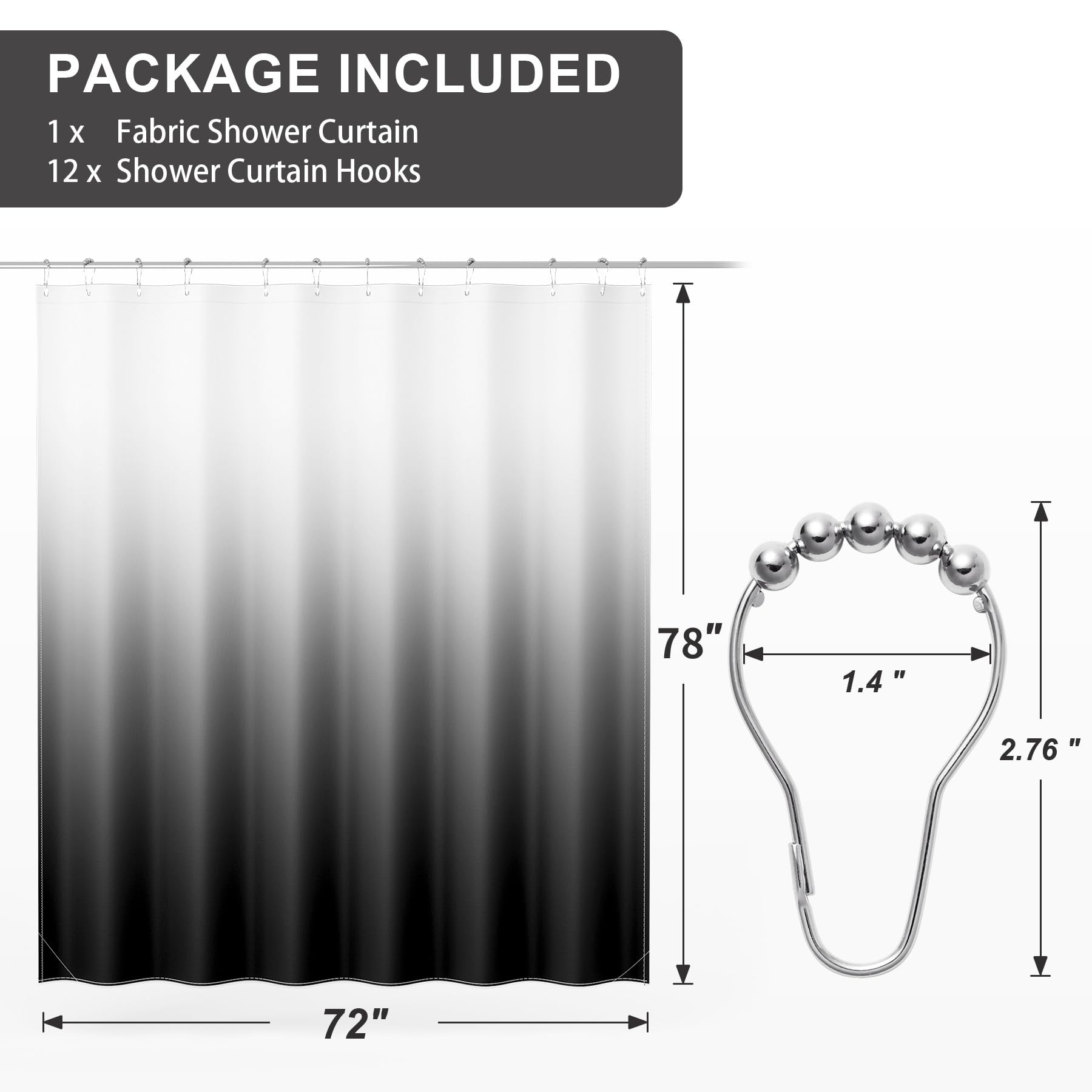 Amazerbath Long Shower Curtain, 72X78 Ombre Black Fabric Shower Curtain Set With 12 Shower Curtain Hooks, Farmhouse Cloth Black