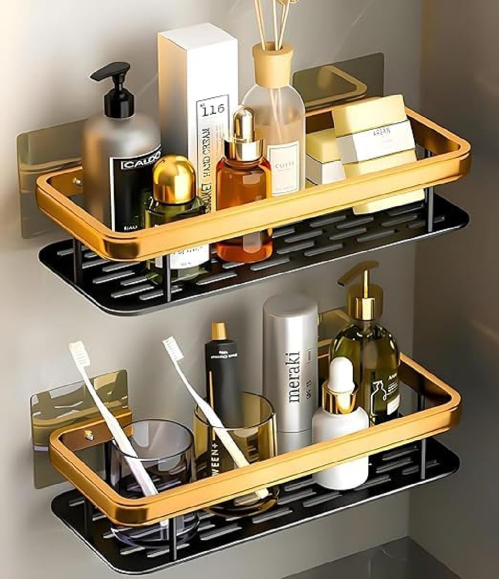 Devar Wall Mounted Bathroom Shelf Rack With Drain Tray | Wall Mounted Organizer With Adhesive,Screw Installation | Metal Storage