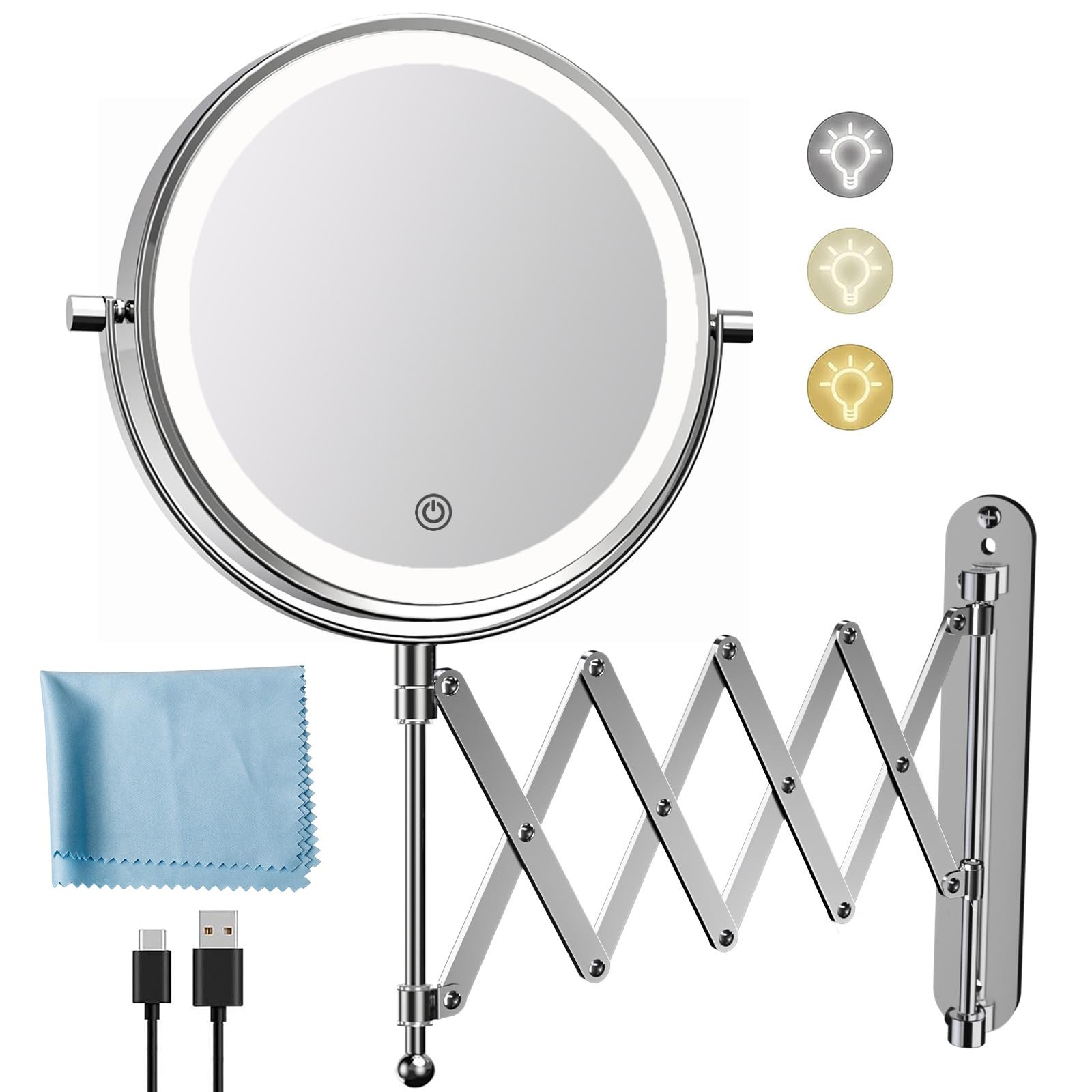 Rechargeable Wall Mounted Makeup Mirror - 8 Inch Double Sided 1X/10X Magnifying Mirror With 3 Color Lights Dimmable Touch Screen
