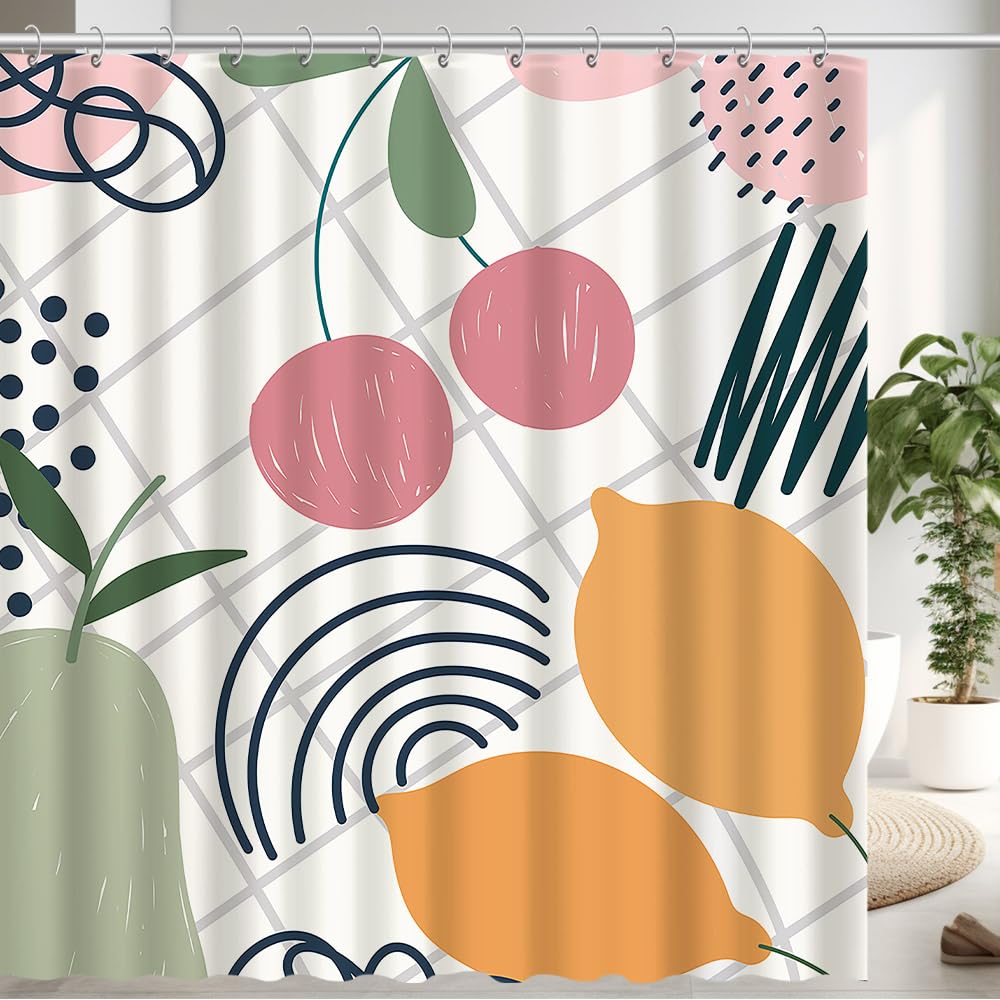 Toktilikt Cute Fruit Shower Curtain Pink Cherry Green Pear Yellow Mango Theme Bathroom Decorations Polyester Supplies Waterproof