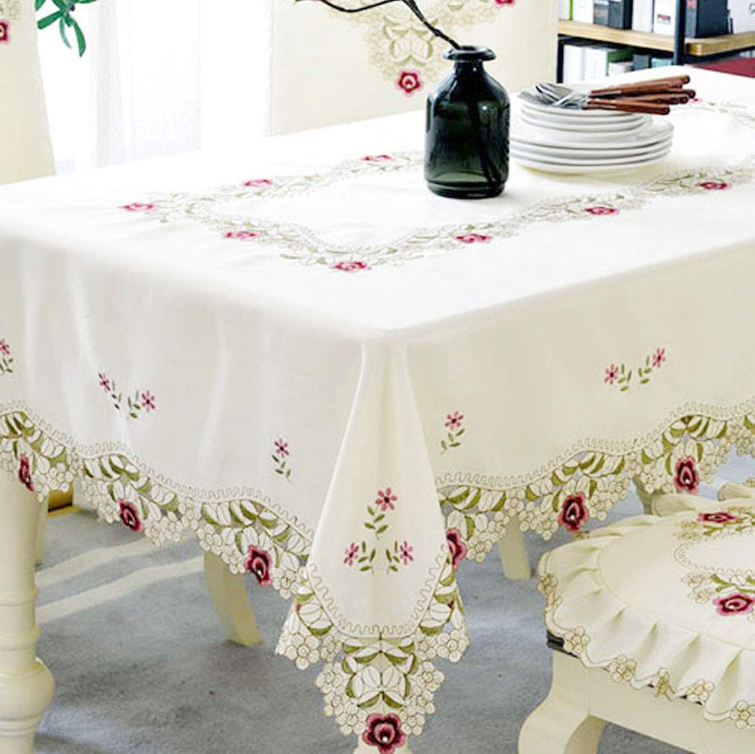 Lelehome 55 Inch X 78 Inch Oblong Flowers Embroidered Lace Tablecloth, Vintage Classic Red Rose Floral Table Cloth Home Kitchen
