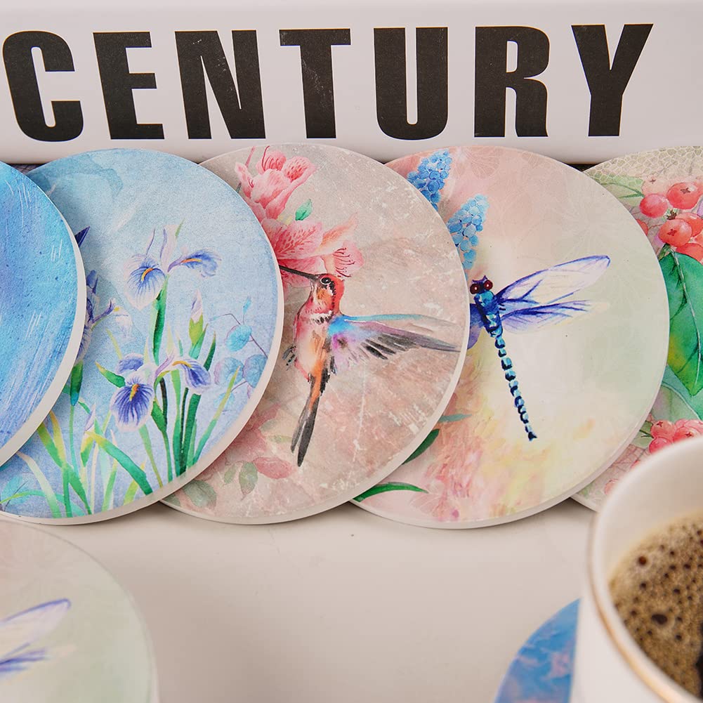 Trinsi Coasters For Drinks, Set Of 10 Absorbent Ceramic Stone Coasters, Natures, With Cork Back 5 Designs