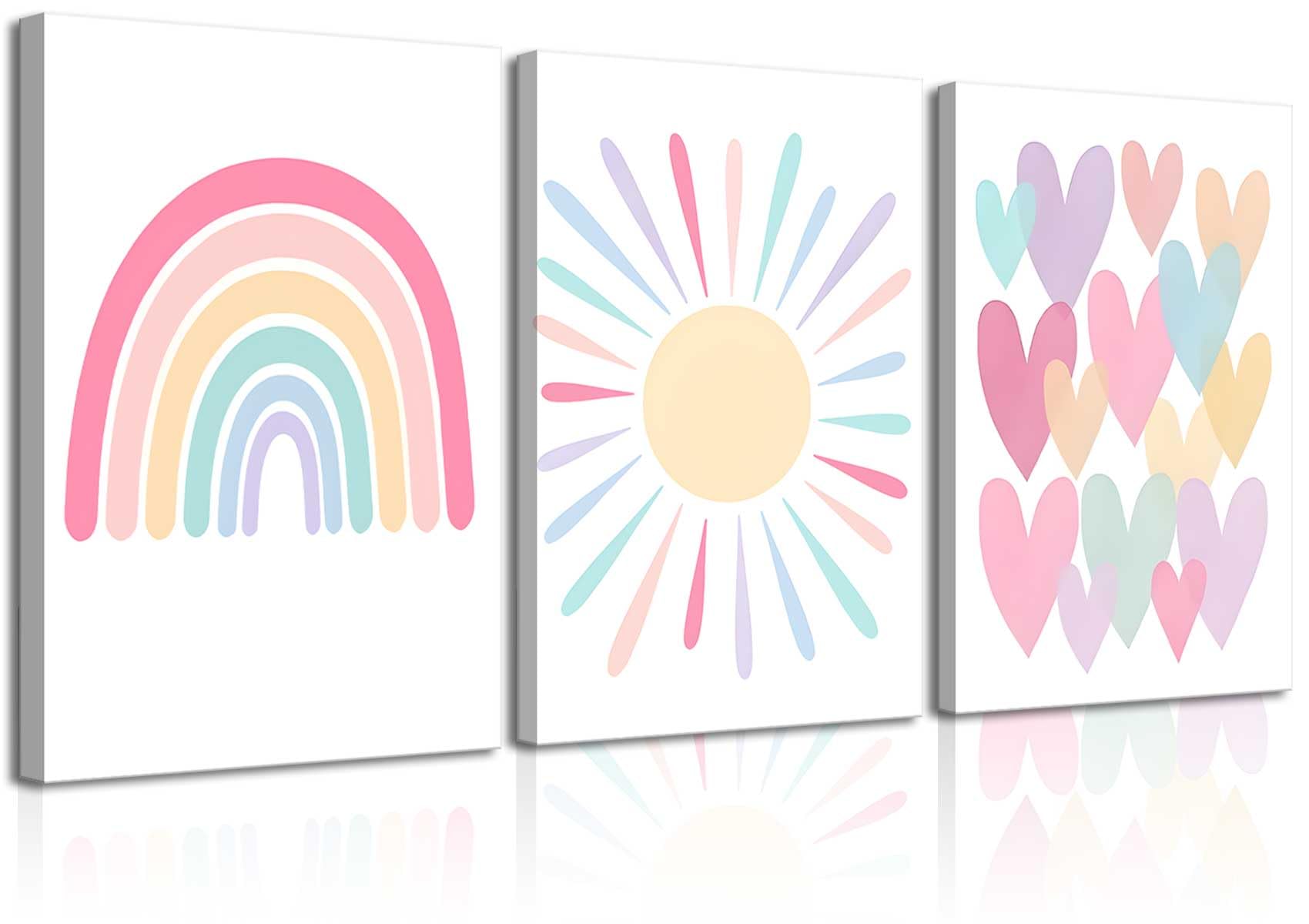 Rcjarti 3Pcs Pink Nursery Canvas Wall Art Rainbow Poster Kids Bedroom Baby Girls Toddler Pastel Wall Decor Prints Sun Boho Pink