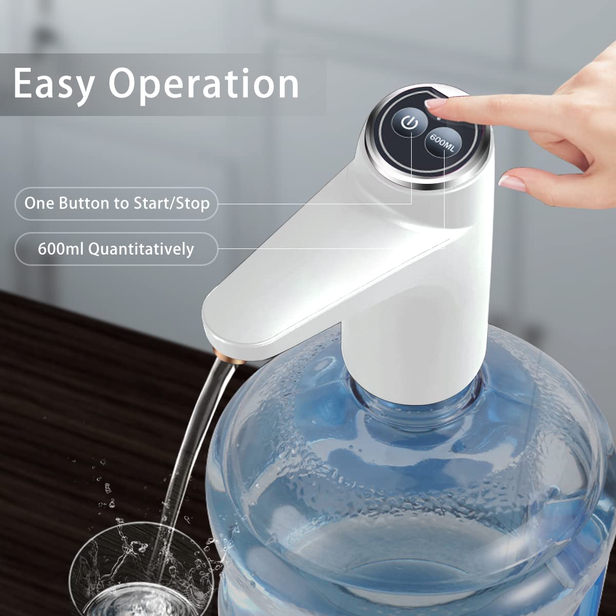BIMVER Water Dispenser for 5 Gallon Bottle  DIY Quantitative Water Pump 3 Colors Power Light Portable USB Charging Bottle Pump Multipurpose Dispenser for Home Camping for 2-5 Gallon  White