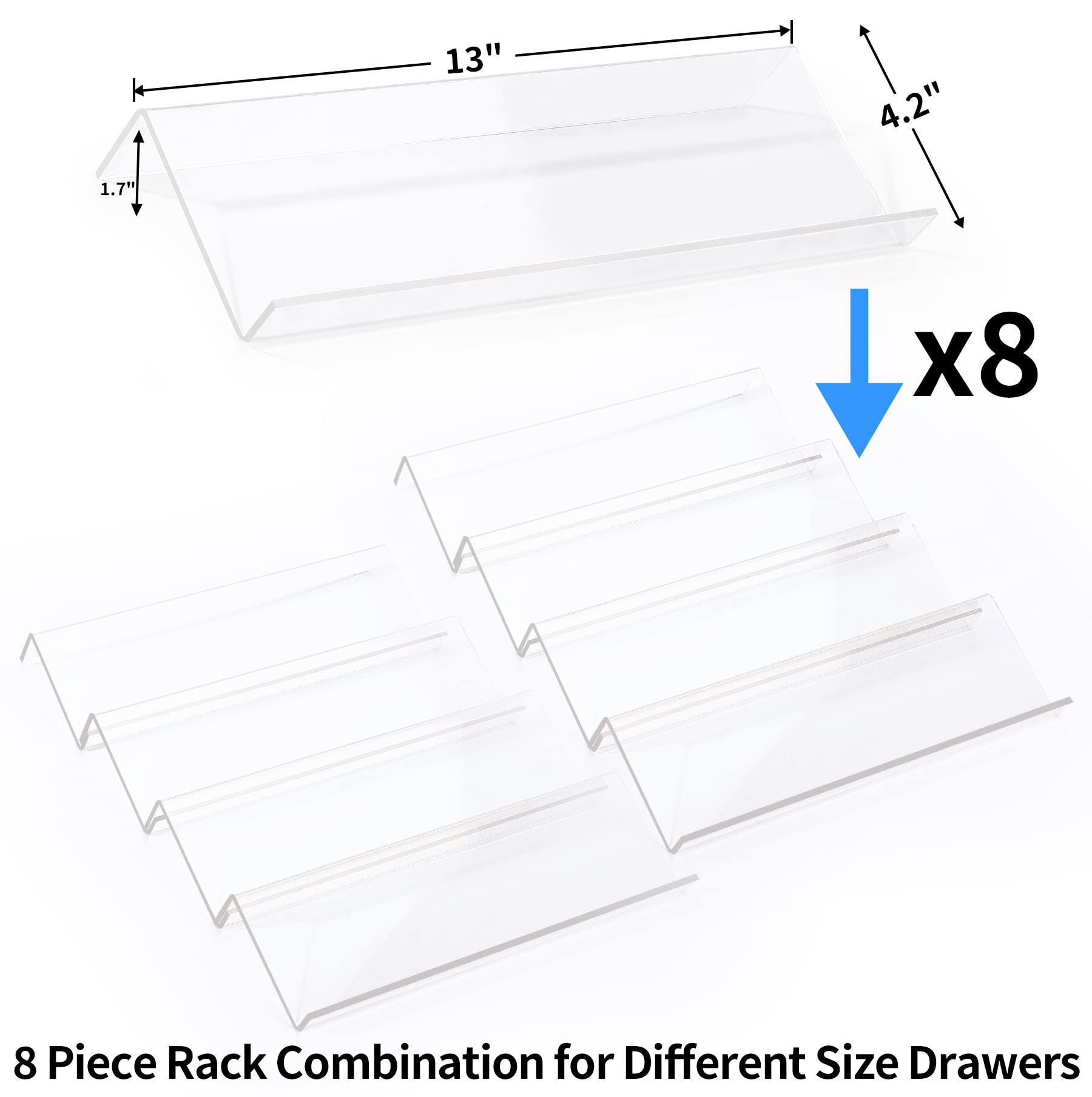 MIUKAA Clear Acrylic Spice Drawer Organizer, 4 Tier Expandable 13" to 26", 8 Pcs, Transparent, Kitchen Spice Rack (Jars not included)