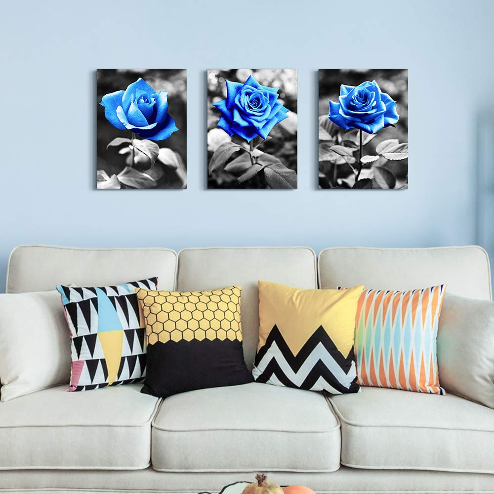 Bedroom Wall Art For Living Room Bathroom Wall Decor For Kitchen Family Pictures Artwork Black And White Blue Rose Flowers Canva