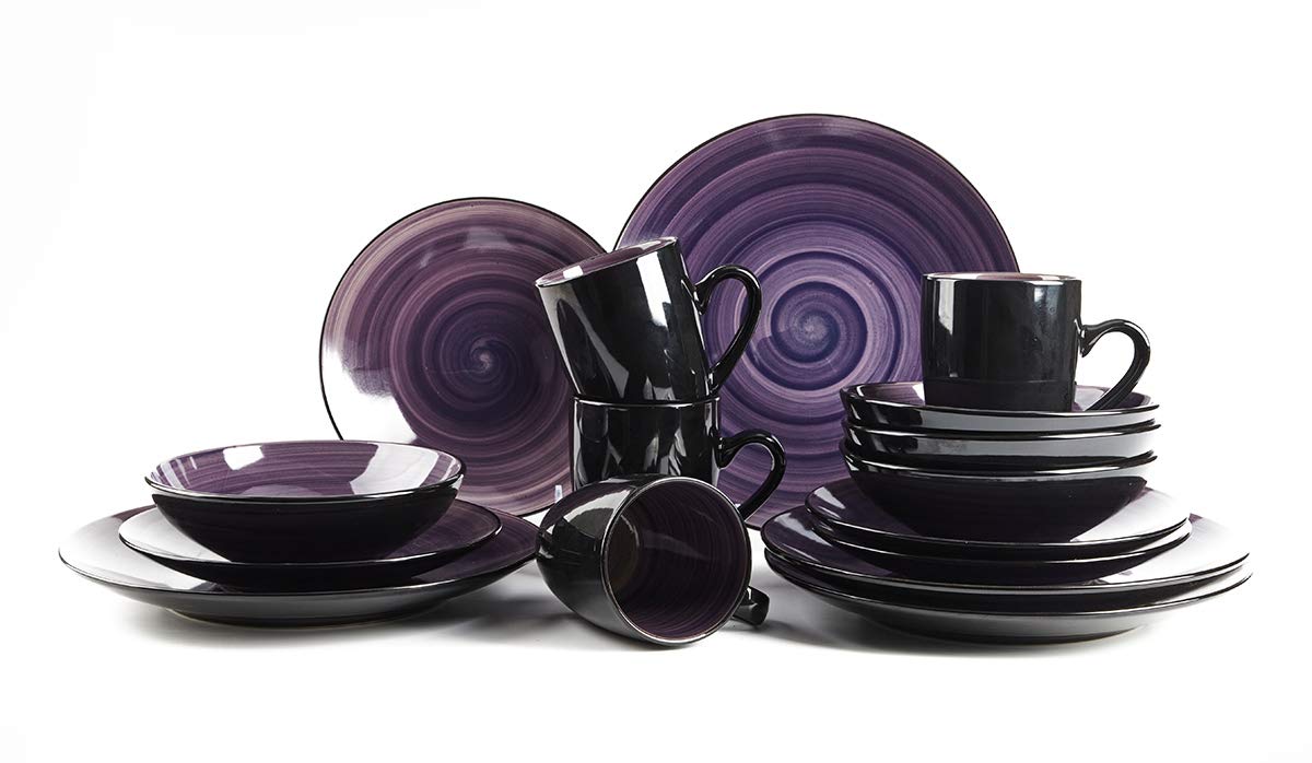 HomeVss, Stoneware Sonoma 16pc Dinnerware Set, Black + Speckled Spin Wash Purple