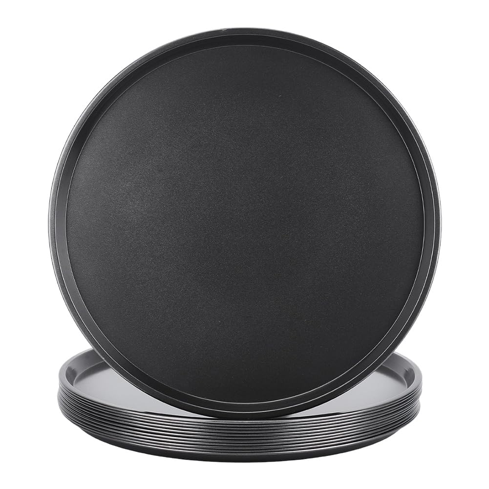 UNICRAFTALE 12 Pcs Black Round Restaurant Serving Tray Carbon Steel Pizza Pan Bar Drink Trays with Raised Edges Baking Tray for 