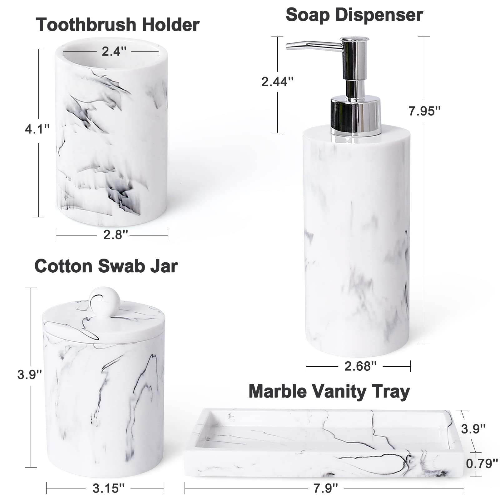Haturi Bathroom Accessory Set, 4 Pcs Marble Look Bathroom Accessories Sets Complete With Soap Dispenser, Toothbrush Holder, Apot