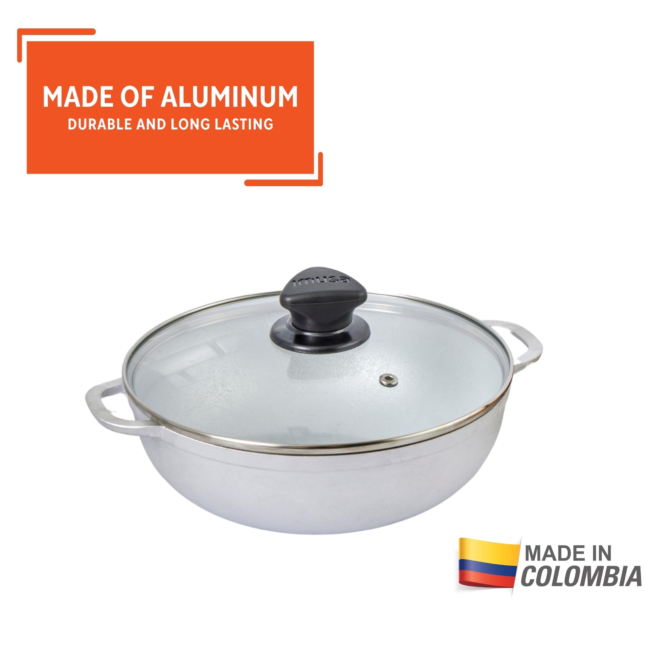 Imusa 3.7Qt Basic Caldero - Aluminum Cookware with Glass Lid, 24cm, Silver, Model GAU-80524