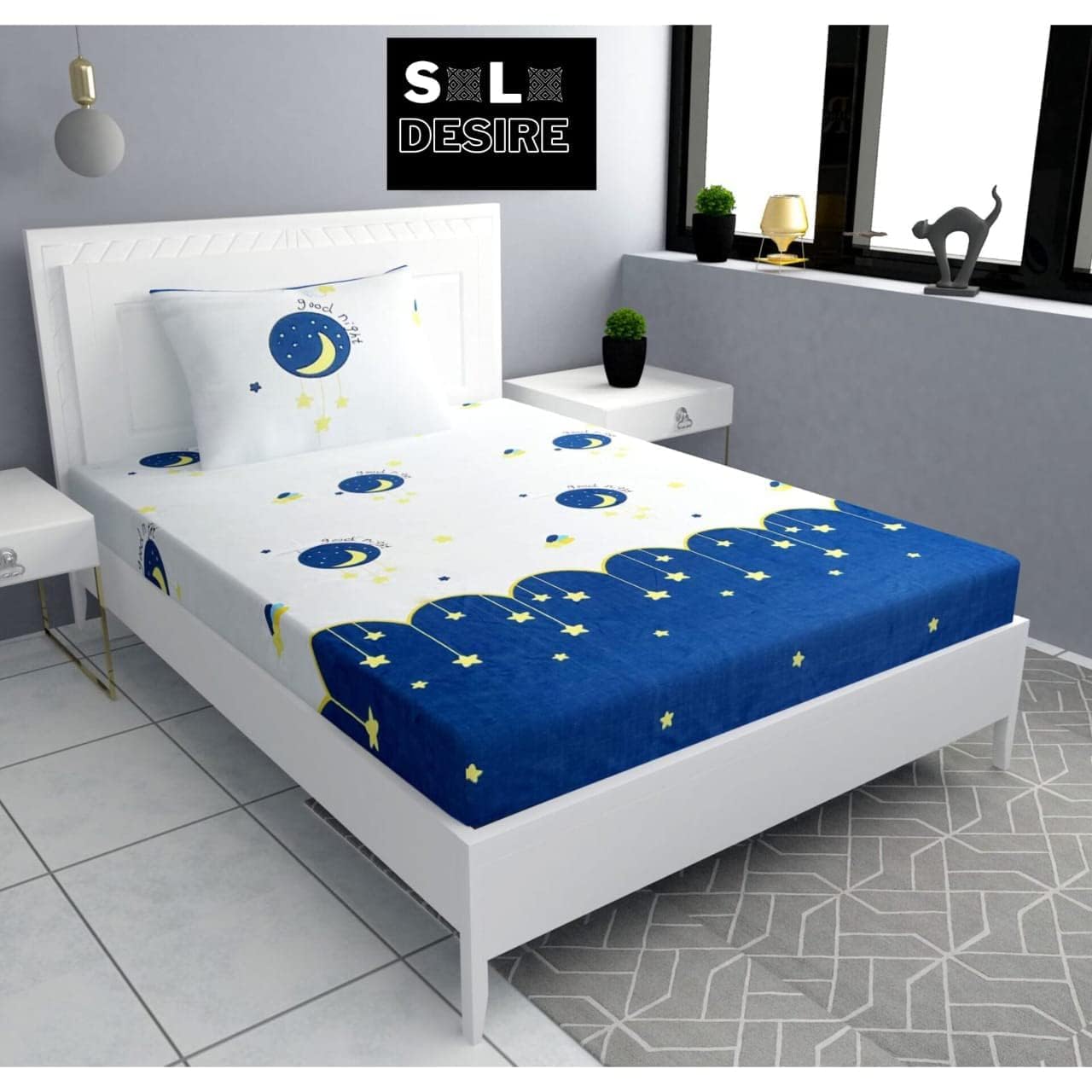 Tript Elastic Fitted Glace Cotton Single Bed (72x48 inches Upto 6 Inches) bedsheet with 1 Pillow Cover  200TC (4Feet by 6 Feet)