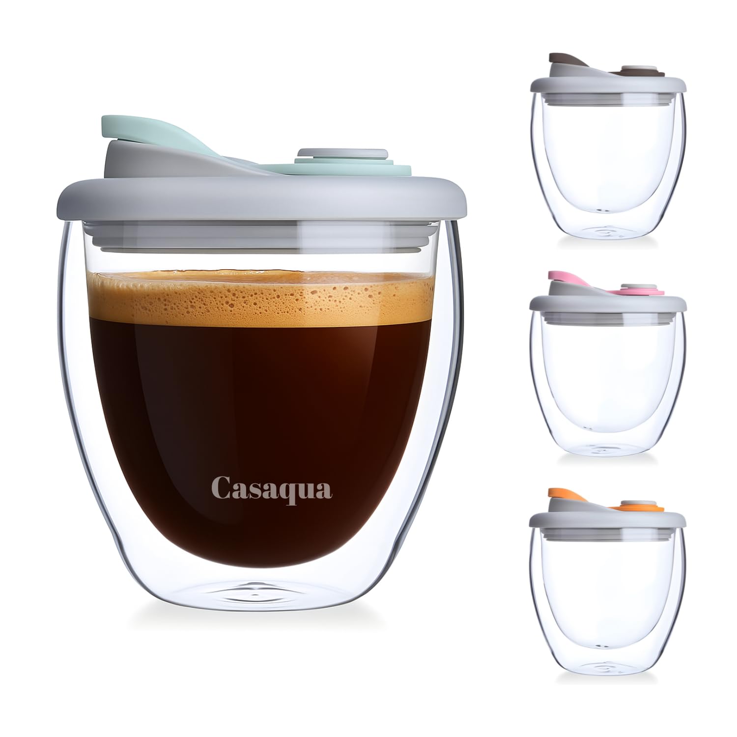CASAQUA Double Wall Glass Coffee Mug, Glass Coffee Cup with Silicone Lid, Insulated Coffee Mug for Milk, High Borosilicate Glass