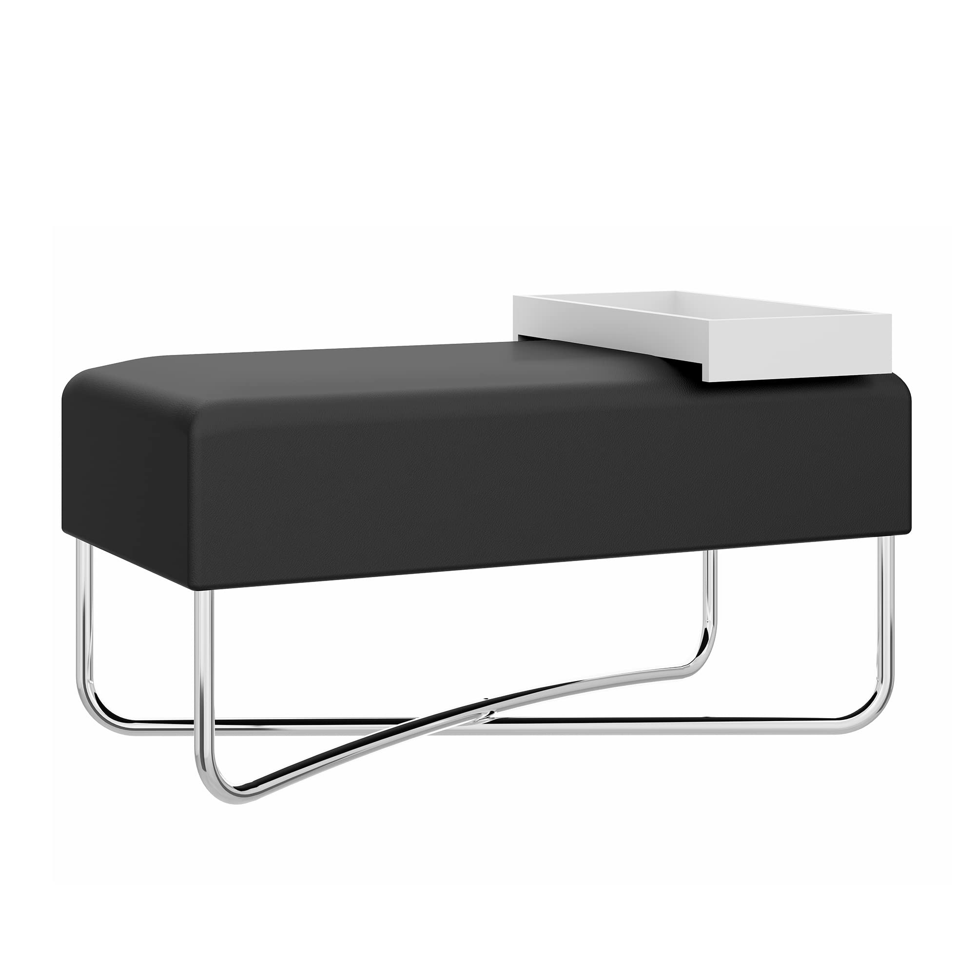 The Urban Port Pouffe with Rectangular Fabric Seat and Inbuilt Wooden Tray, Black and White