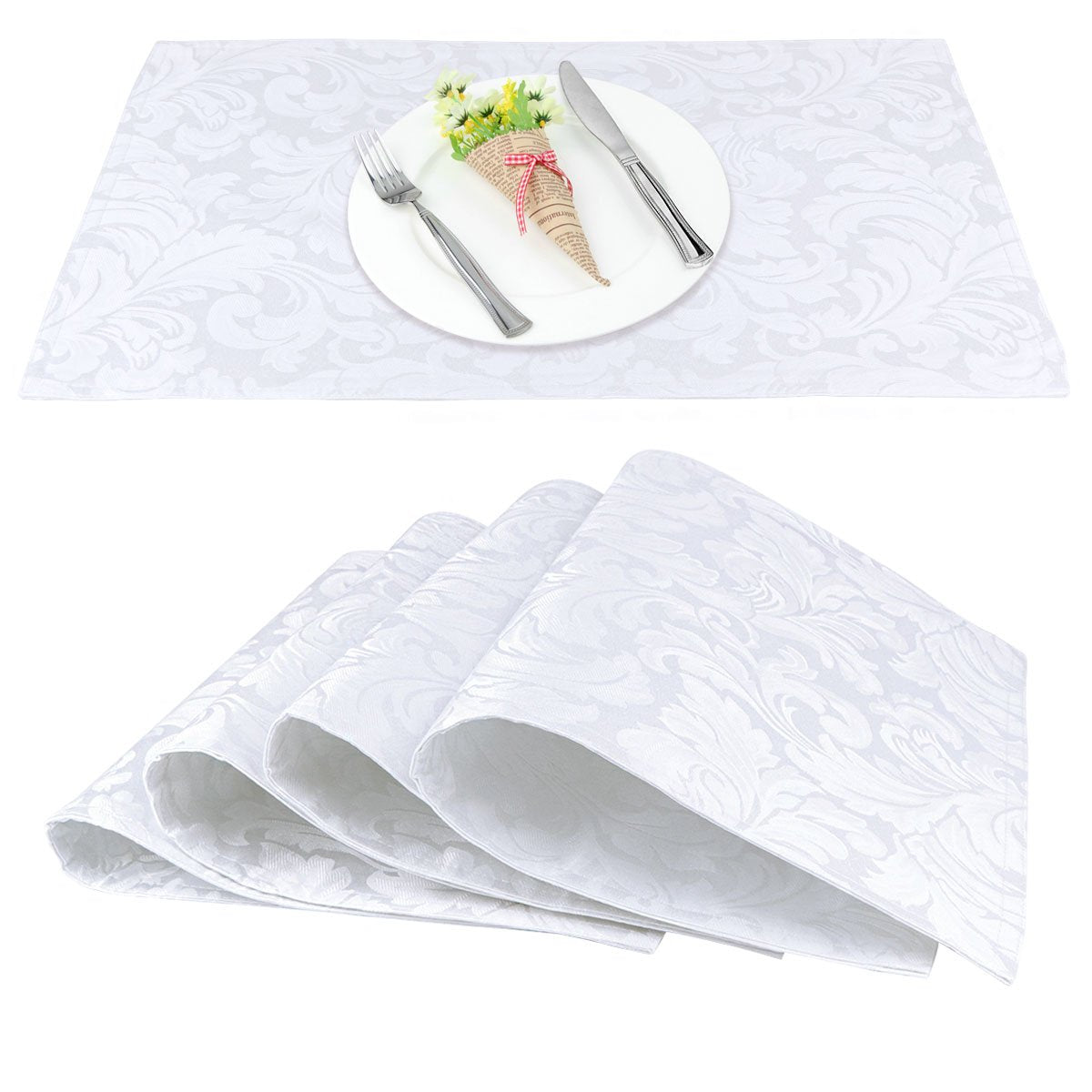 ColorBird Scroll Damask Jacquard Placemats Set of 4  Heat Resistant Washable White Placemats for Dining Table  Microfiber Fabric Table Mats  13 x 19 Inch