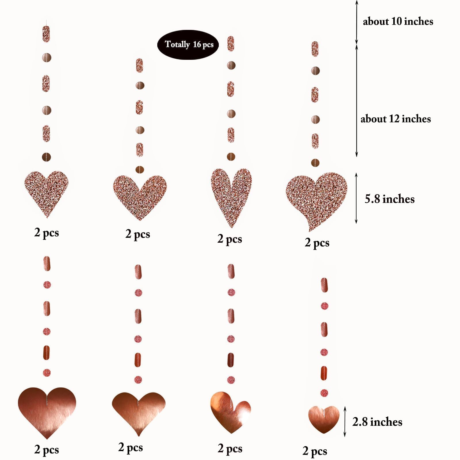 Cheerland 16 Pcs Glitter Rose Gold Heart Garland Decorations Hanging Garlands Streamer Banner Backdrop Valentines Mother's Day Wedding Anniversary Engagement Birthday Party Supplies Red Glittering