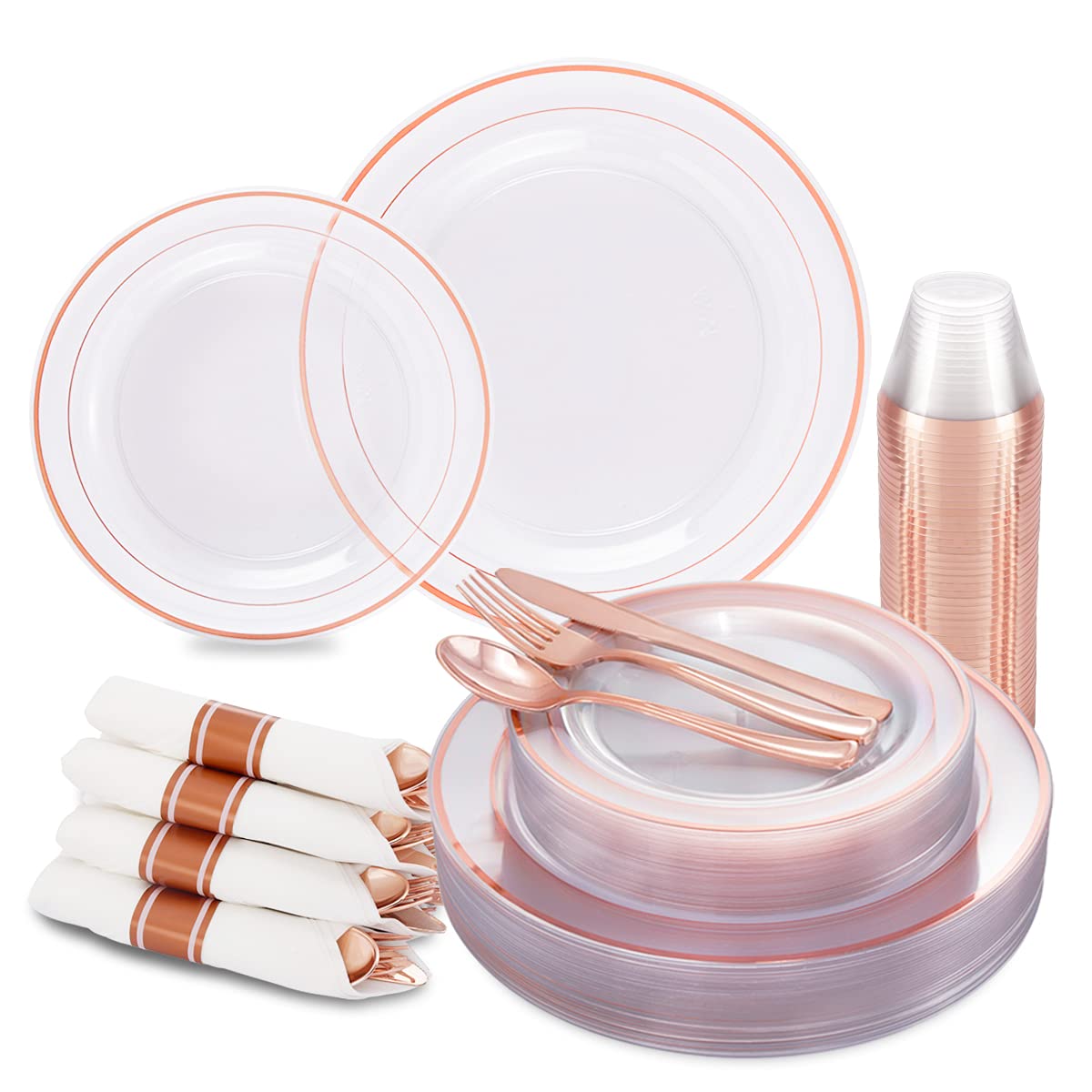 210 Pcs Rose Gold Plastic Plates With Silverware, Valentine Plates Includes: 30 Dinner Plates 10.25'' 30 Dessert Plates 7.5'' 30