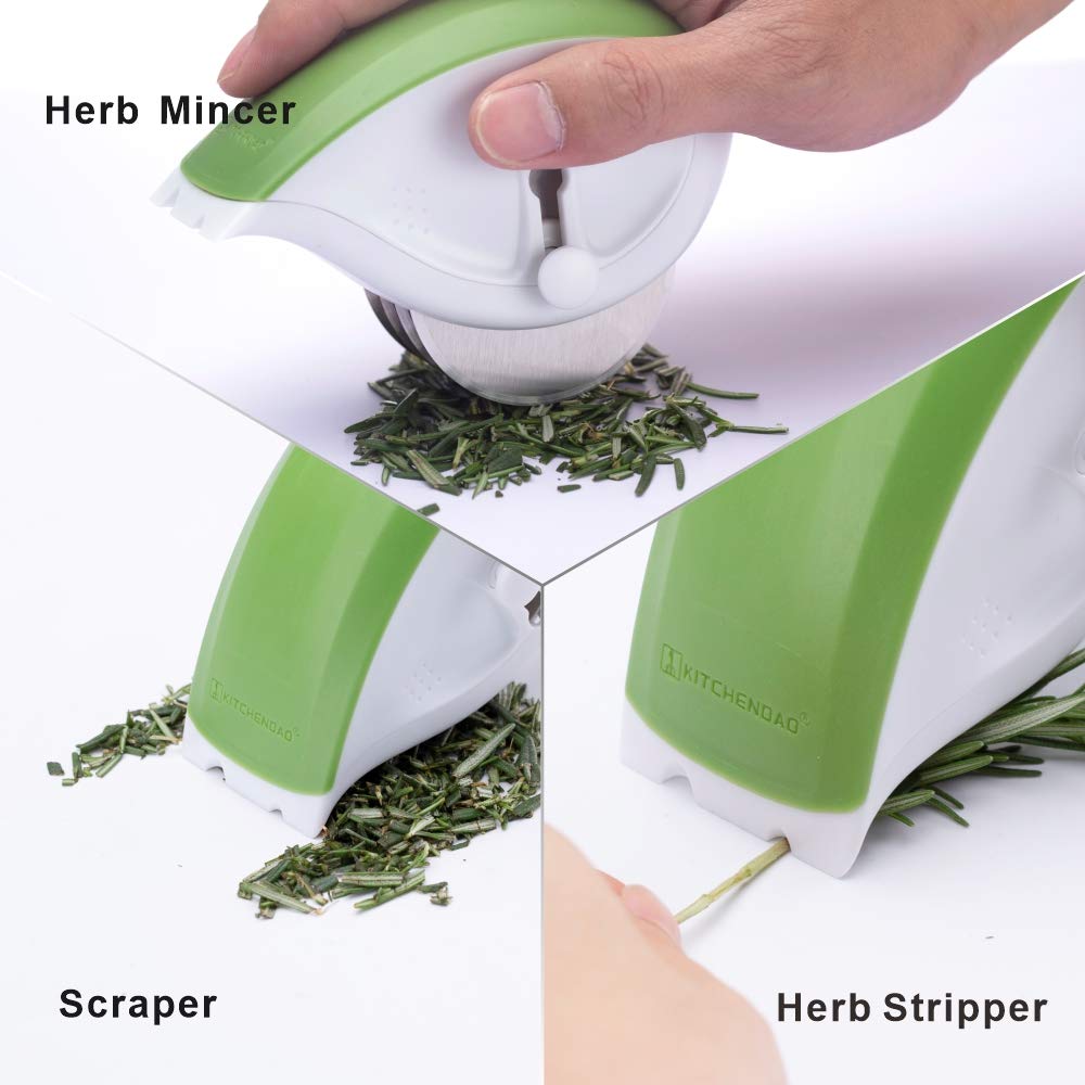Kitchendao 3-In-1 Herb Chopper Mincer Roller Cutter Slicer, Leaf Stripper, Scraper- Retractable For Safe Storage, Detachable For