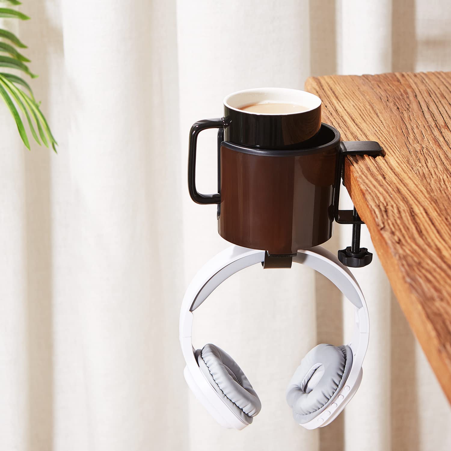 Gunking Luxury 2-In-1 Anti-Spill Cup Holder With Under Desk Headphone Hanger (Coffee Brown)