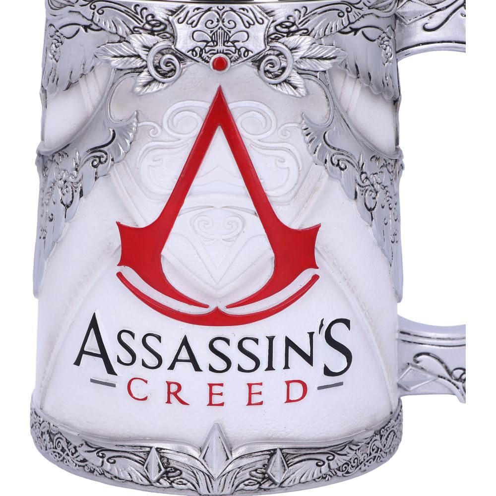 Nemesis Now Assassin's Creed Tankard - Hand-Painted Resin Beer Mug with Stainless Steel Insert, 15.5cm, White