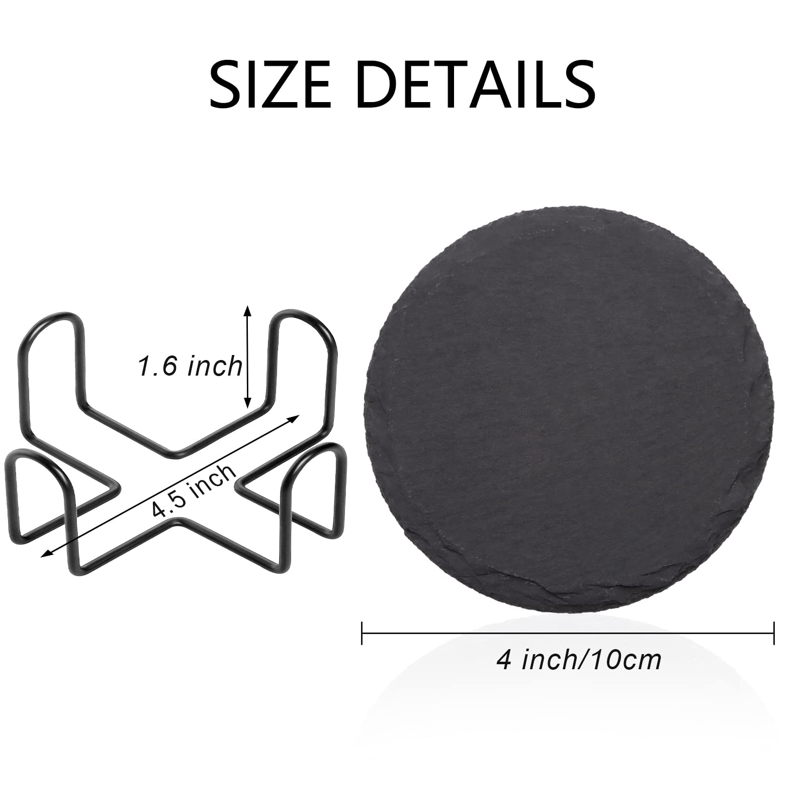 4 PCS Round Slate Drink Coasters Set  SIJDIEE 4 Inch Black Slate Stone Coasters with Anti-Scratch Bottom and Coaster Holder for Office Bar Kitchen Home Dinner Table Decor Supplies