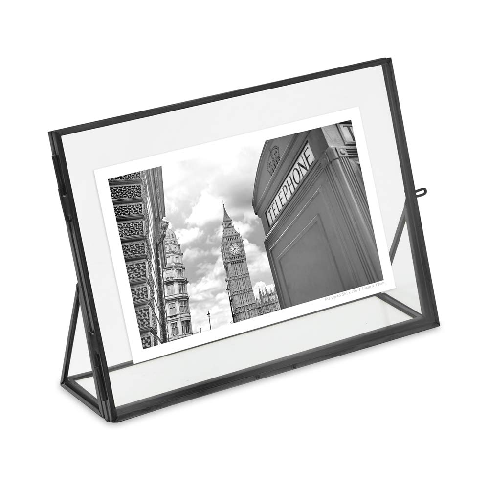 Isaac Jacobs 5x7, Black, Vintage Style Brass and Glass, Floating Photo Frame, Metal, (Horizontal), with Locket Closure and Angle