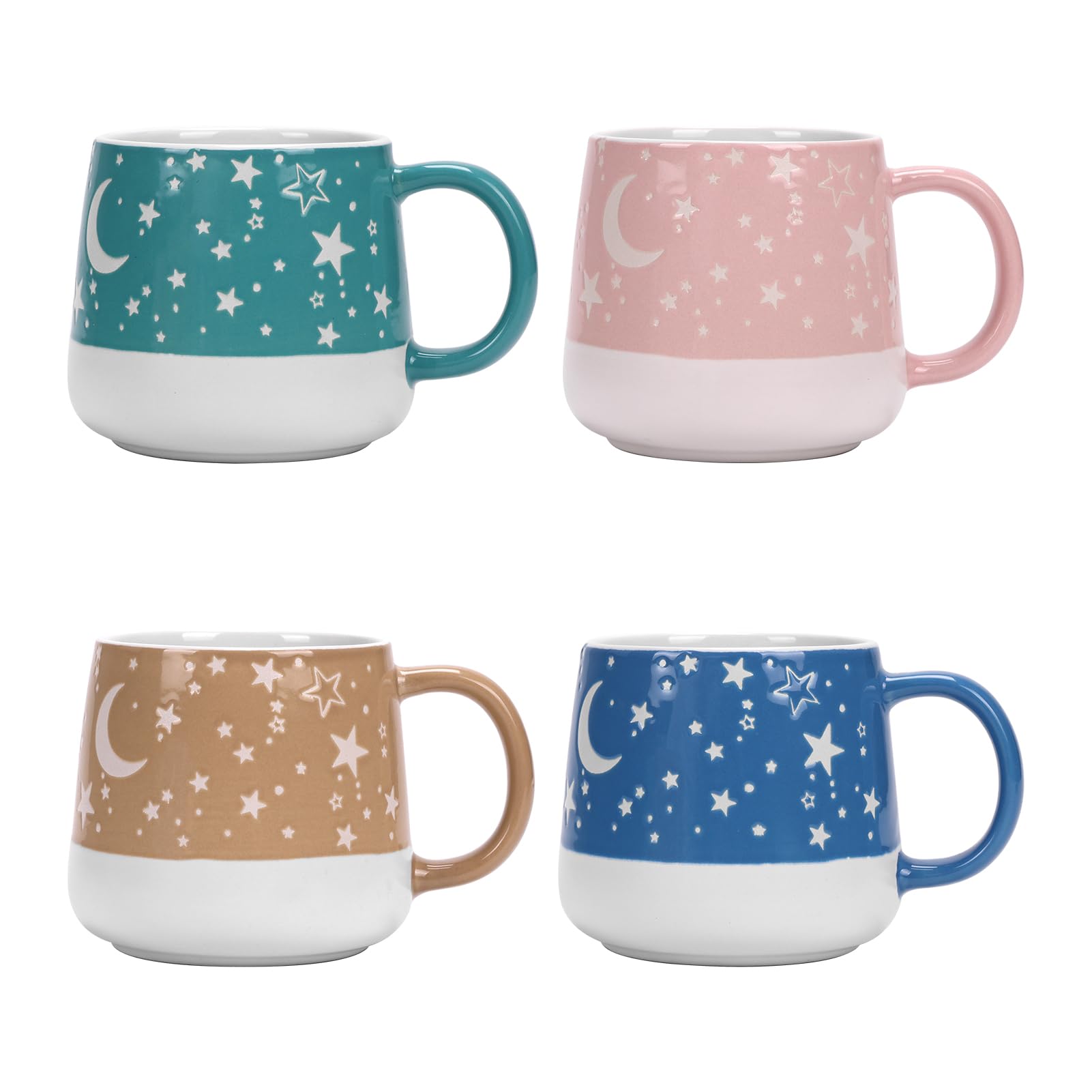 16 OZ Moon Star Coffee Mugs Set of 4, Cute Porcelain Mug for Boy Girl