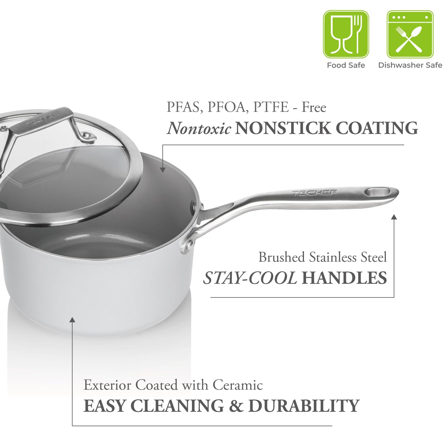 Techef - Ceraterra Collection, 2-Quart Ceramic Nonstick Saucepan With Glass Lid (Ptfe And Pfoa Free Ceramic Exterior  Interior),