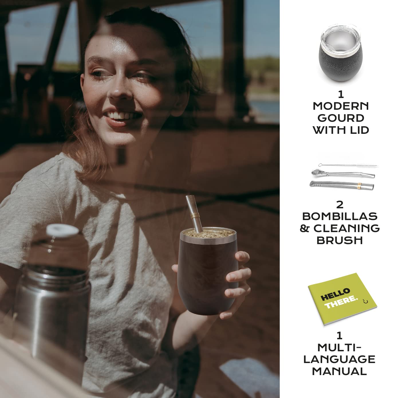 BALIBETOV 5 pcs large Yerba Mate cup and Bombilla Kit  Includes one 12 oz Yerba Mate gourd with Lid  Two Bombillas Mate Straw and one cleaning brush (Black  800)