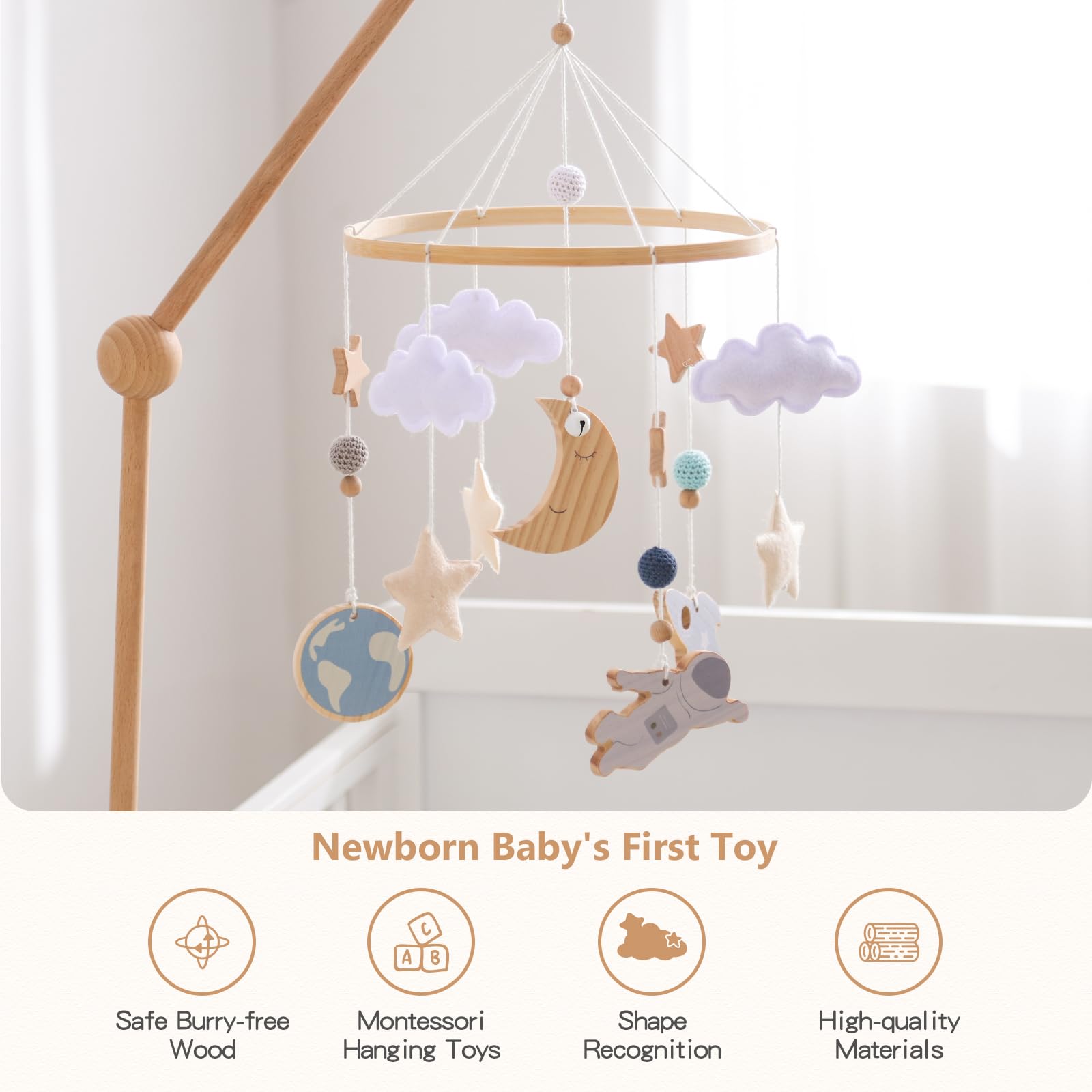 JETMHH Baby Crib Mobile | Space Theme Nursery Mobile | Wooden Mobile for Crib | Astronaut Space Theme Nursery Bed Decoration | G