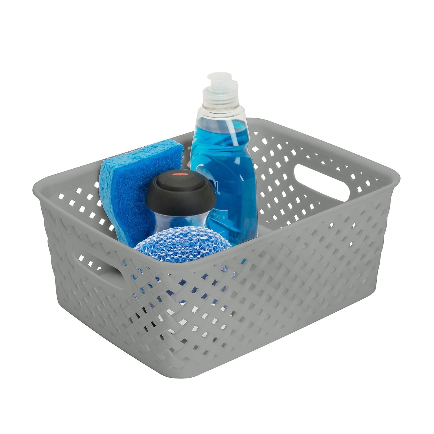 Simplify Small Resin Wicker Tote  Storage Bin  Plastic Organizer  Carrying Handles  Bathroom  Pantry  Accessories  Cleaning Products  Grey