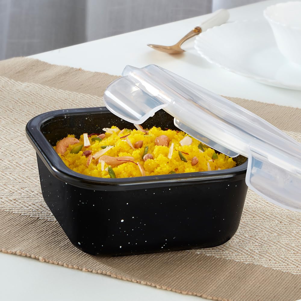 Borosil 520 Ml Pebble Black Food Storage Container With Air Tight Lid | Square Shape Borosilicate Glass Organiser | Microwave & 