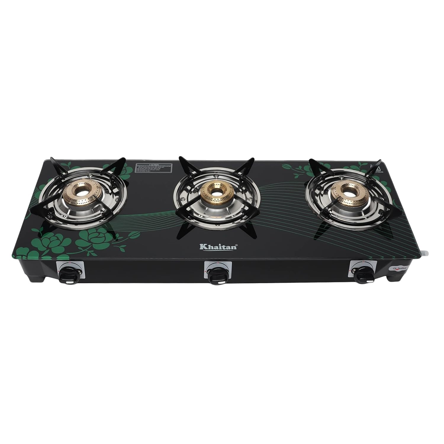 Khaitan 3 Burner Bp Gio Green Digital Toughened Glass Lp Gas Cooktop, Manual Ignition Gas Stove With 1 Year Warranty (Isi Approv