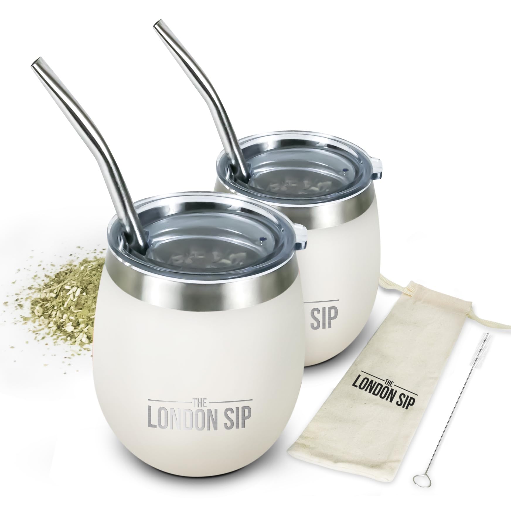 London Sip Yerba Mate Cup and Bombilla Set, Includes 2 Gourds (8 oz each), Spill Resistant Lids, Straws, Bombilla Brush and Pouc
