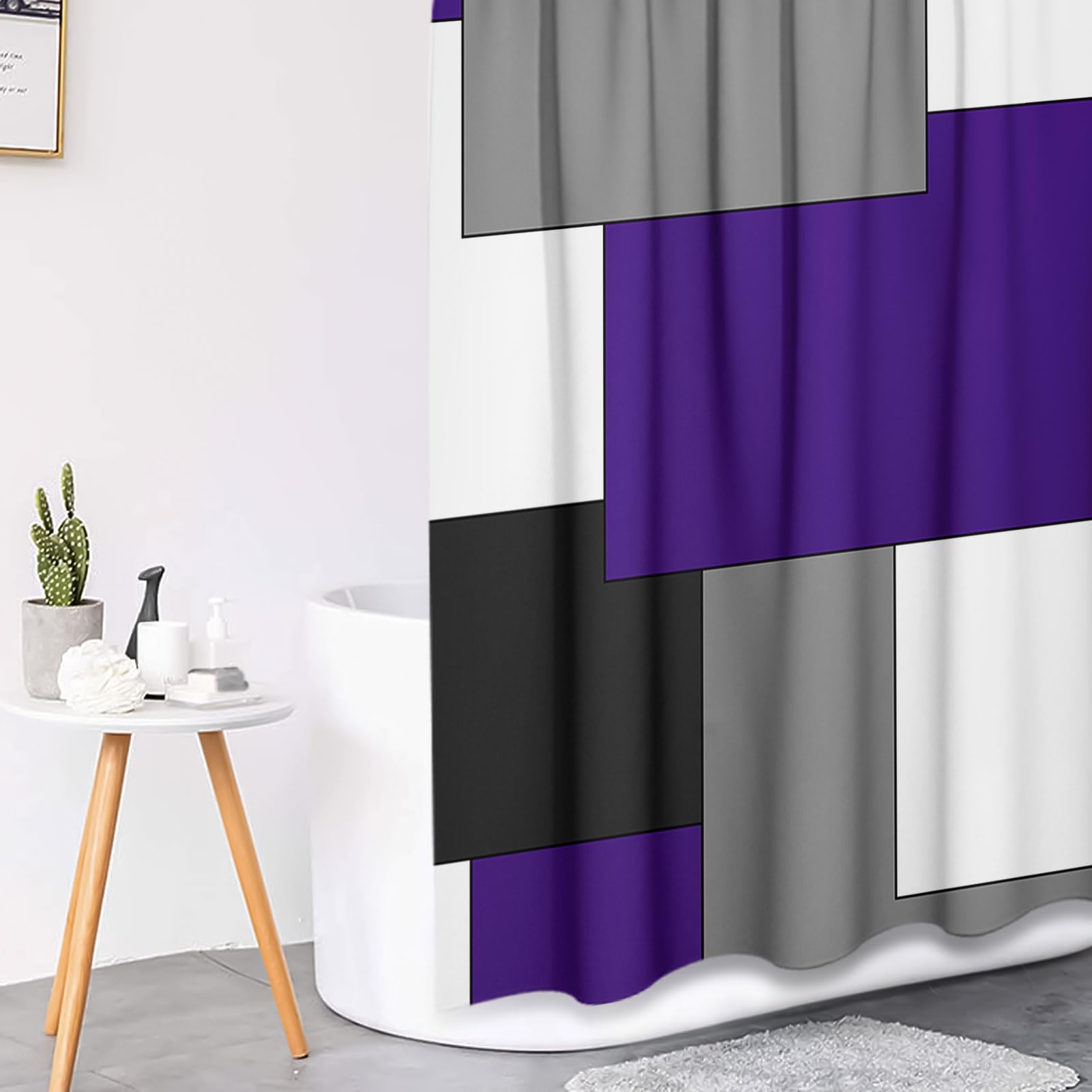 Tayney Purple Geometric Shower Curtain Set With Toilet Lid Cover And Non-Slip Rugs For Bathroom, Grey Black White Checkered 4 Pc