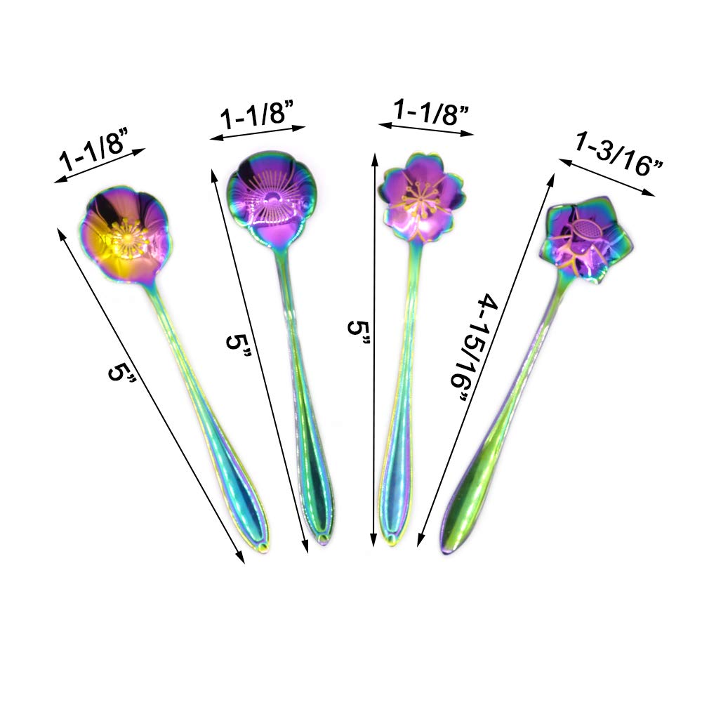 Flower Spoon Set - 8Pcs Dgq Teaspoon Coffee Spoon Rainbow Color For Coffee Tea Mixing Ice Cream Dessert - 8 Diffient Pattern Col