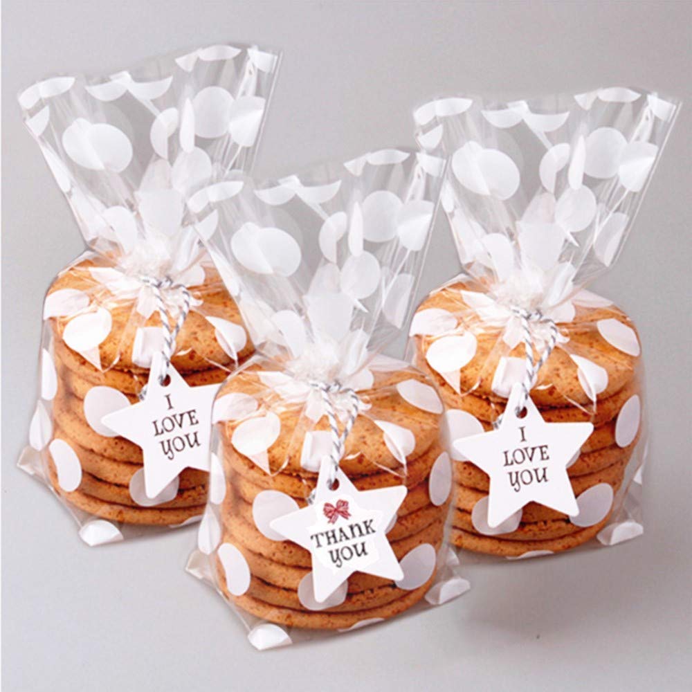 Joersh 8.1'' X 5'' Bottom Gusset Clear Plastic Cookie Bags With Ties 200 Pack, White Polka Dots Pattern Small Candy Bags Treat B