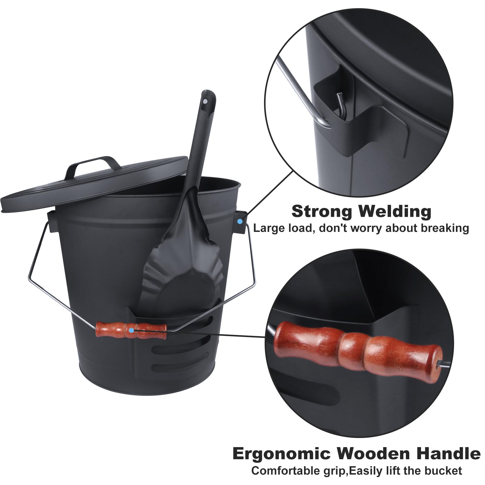 Ash Bucket With Lid And Shovel Hand Broom, 5.15 Gallon Large Galvanized Iron Metal Fireplace Tools Ash Pail For Fire Places Fire