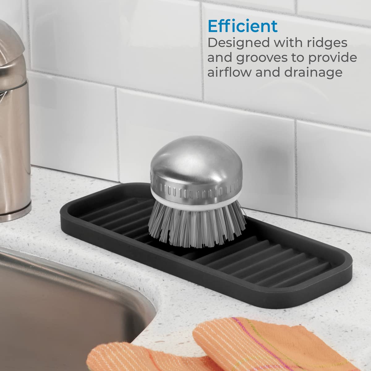 Idesign Lineo Silicone Kitchen Sink Tray For Sponges, Scrubbers, Soap, Stovetop Spoon Holder, 9'' X 3.5'' X 0.5'', Black