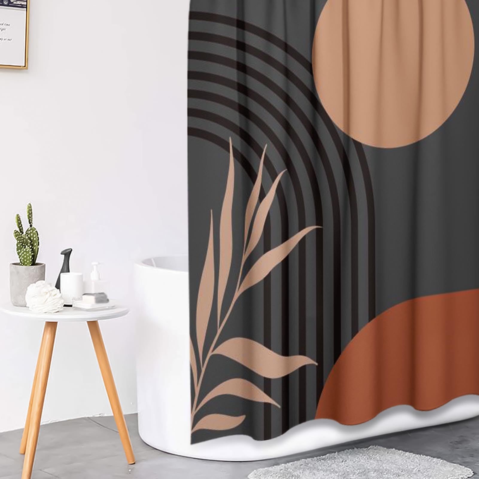 Tayney Boho Mid Century Shower Curtain Set With Toilet Lid Cover And Non-Slip Rugs, Abstract Grey Background 4 Pcs Modern Minima