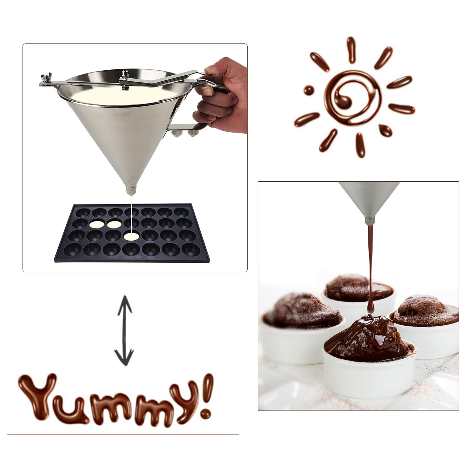 Myoyay Commercial Stainless Steel Funnel Dispenser, 1800Ml Extra Large Capacity Pancake Batter Dispenser With Stand And 3 Nozzle